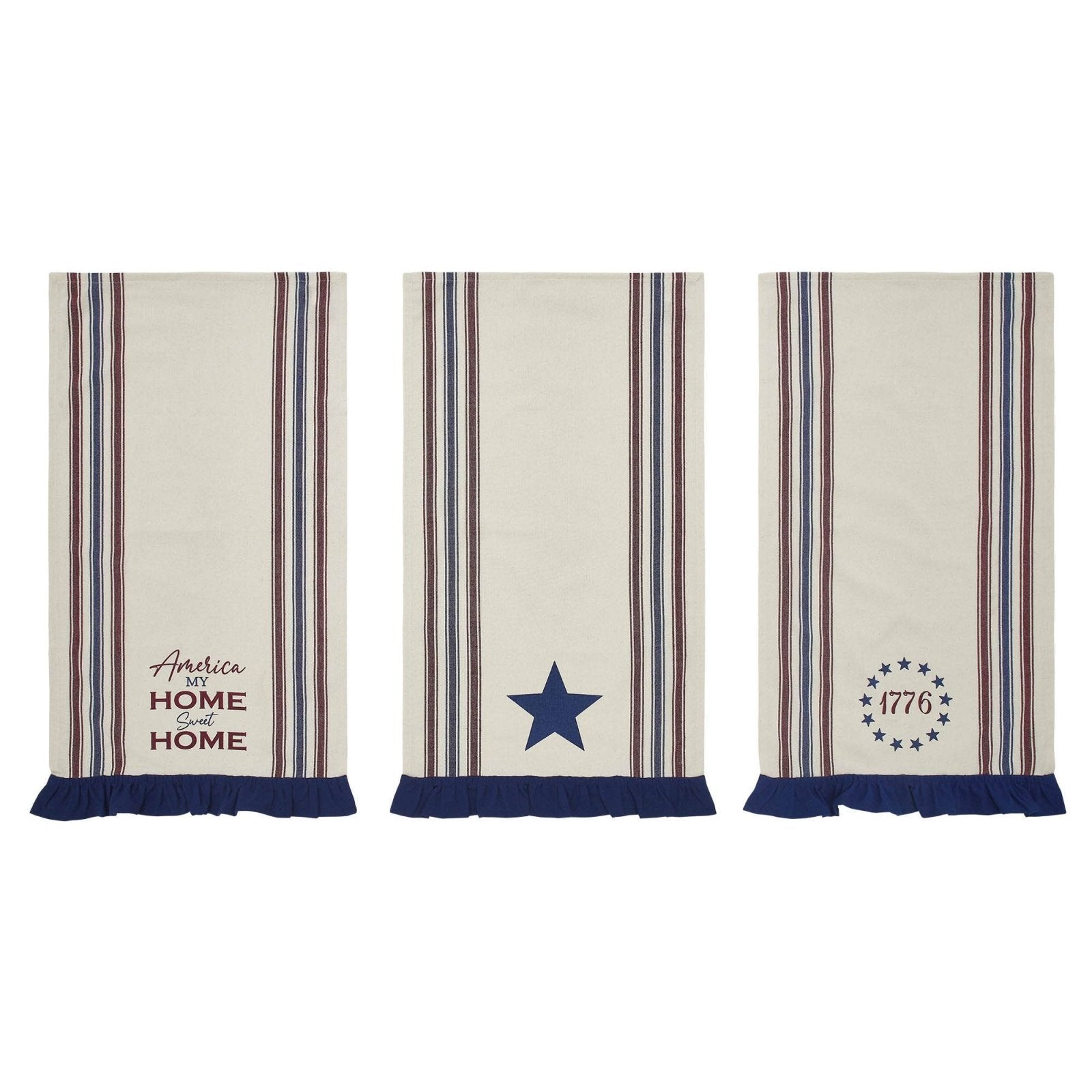 Americana Ruffled Tea Towels Set of 3 | Patriotic Kitchen Decor - The Primitive Pineapple Collection