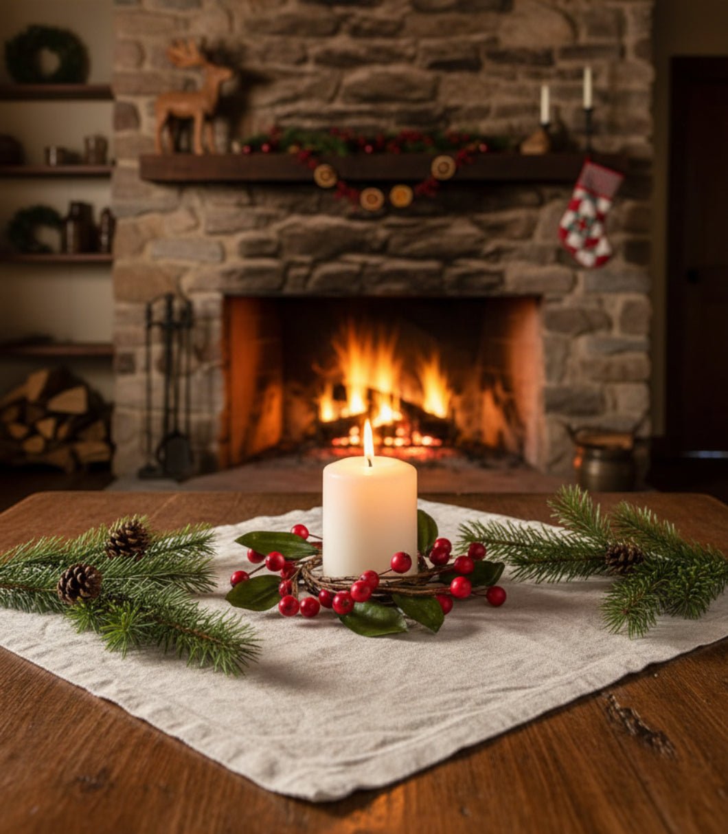 Primitive Christmas Small Berry &amp; Leaf Candle Ring – 2.25" Votive Accent - The Primitive Pineapple Collection