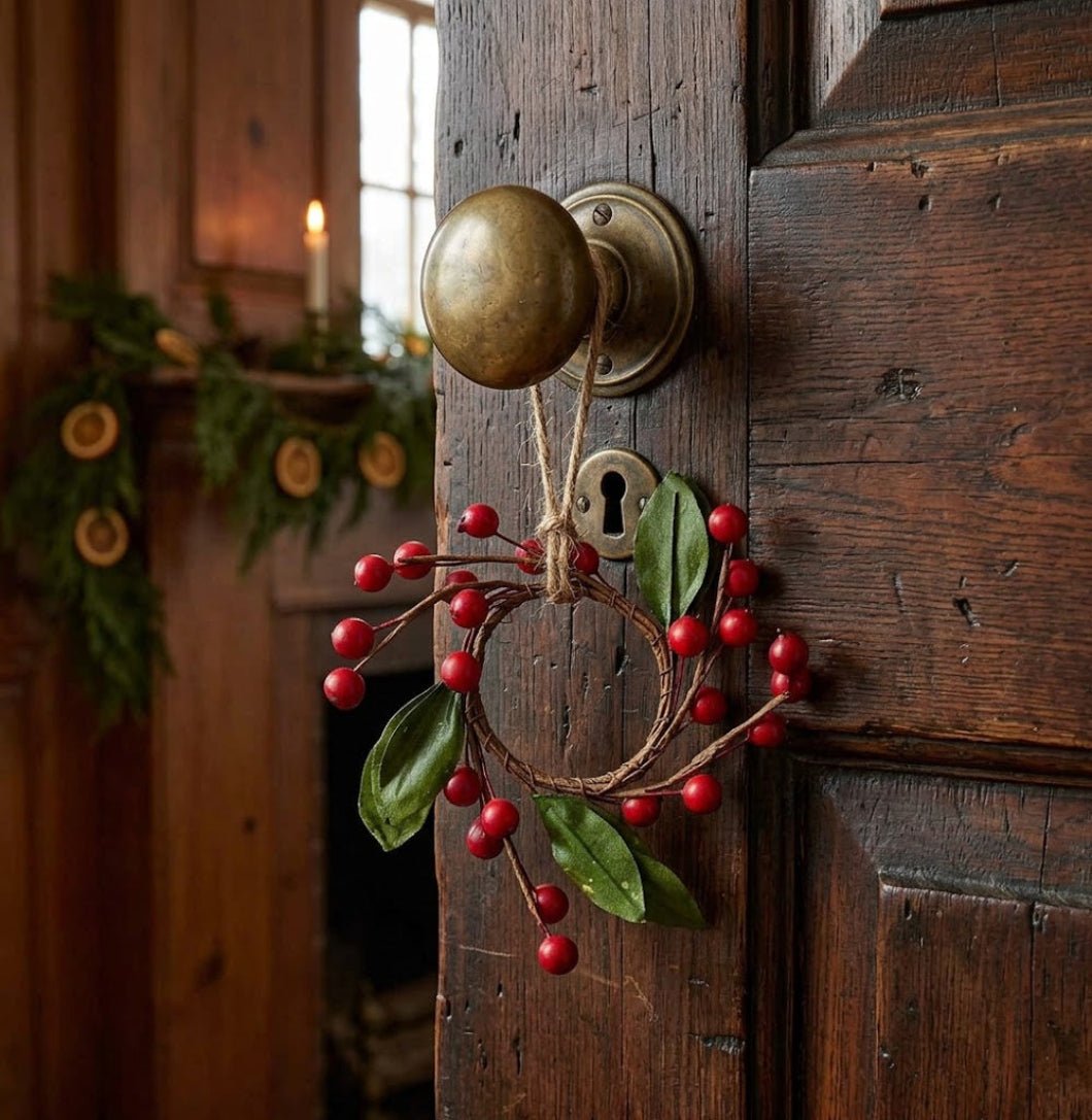 Primitive Christmas Small Berry &amp; Leaf Candle Ring – 2.25" Votive Accent - The Primitive Pineapple Collection