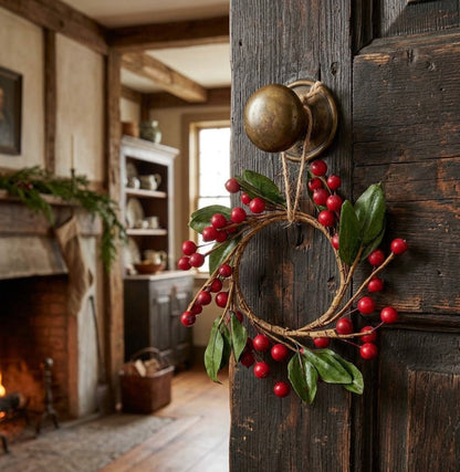 Primitive Christmas Small 4" Berry &amp; Leaf Candle Ring - The Primitive Pineapple Collection