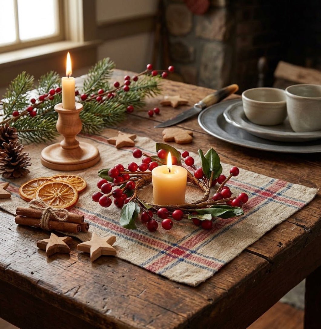 Primitive Christmas Small 4" Berry &amp; Leaf Candle Ring - The Primitive Pineapple Collection