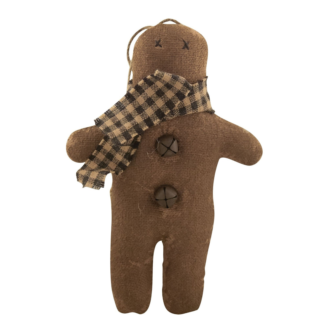 Christmas Primitive 5&quot; Fabric Gingerbread Man with Scarf Ornament Bells - The Primitive Pineapple Collection