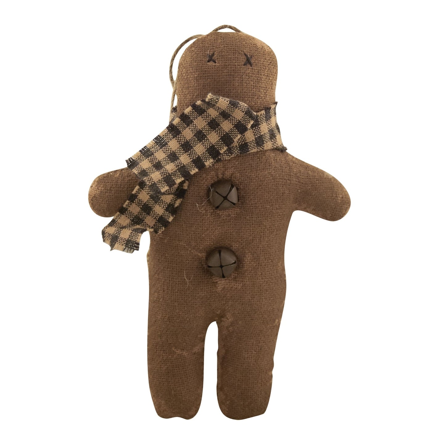 Christmas Primitive 5&quot; Fabric Gingerbread Man with Scarf Ornament Bells - The Primitive Pineapple Collection