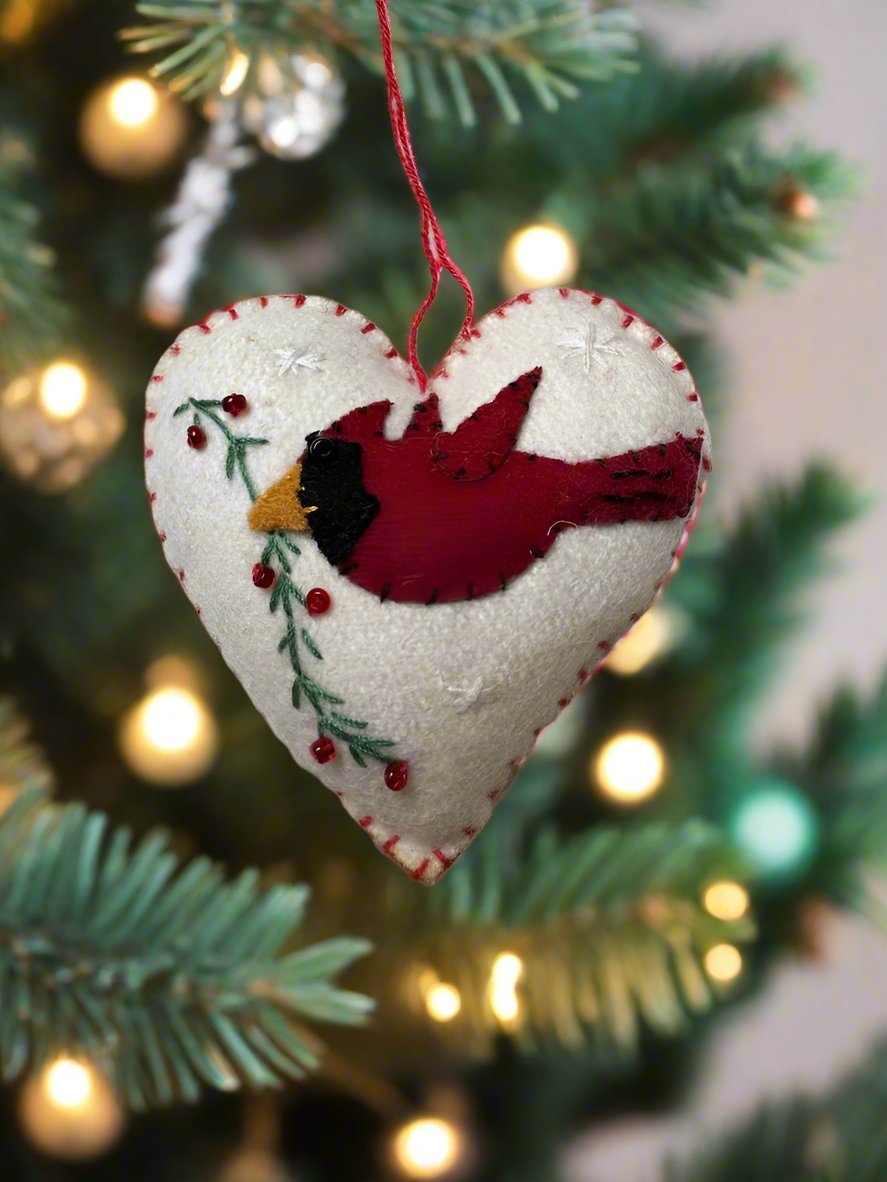 Primitive Christmas Handcrafted Felt 3” White Heart with Cardinal Ornament - The Primitive Pineapple Collection