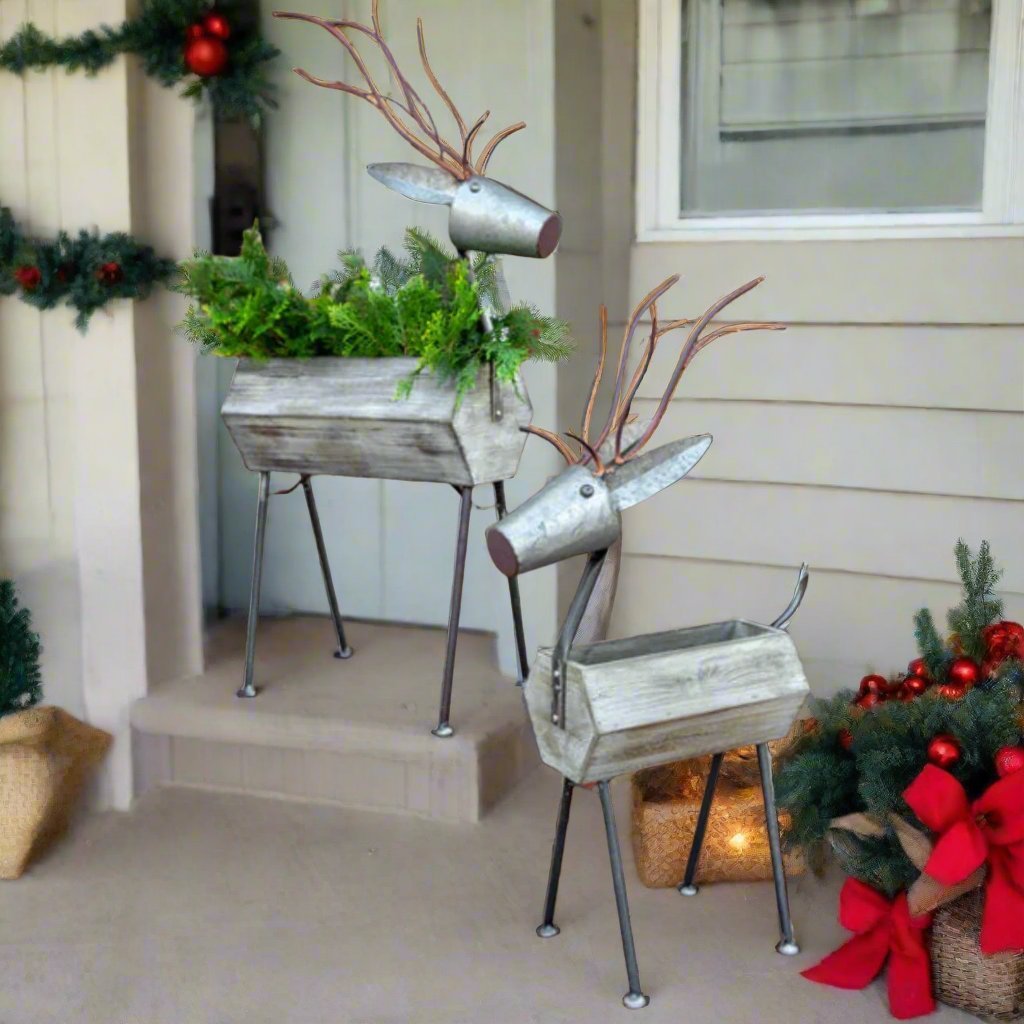 Farmhouse Christmas Large 2pc Metal Reindeer Planter Figurines - The Primitive Pineapple Collection