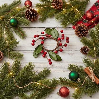 Primitive Christmas Small Berry &amp; Leaf Candle Ring – 2.25" Votive Accent - The Primitive Pineapple Collection