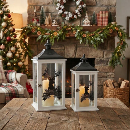 Merry Christmas Reindeer Lantern Set of 2, 17.5" &amp; 22.75"