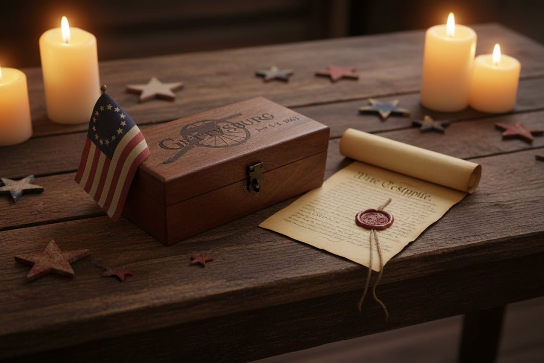 Handcrafted Americana Gettysburg Engraved Acacia Wood Box, 6 - 1/4" - The Primitive Pineapple Collection