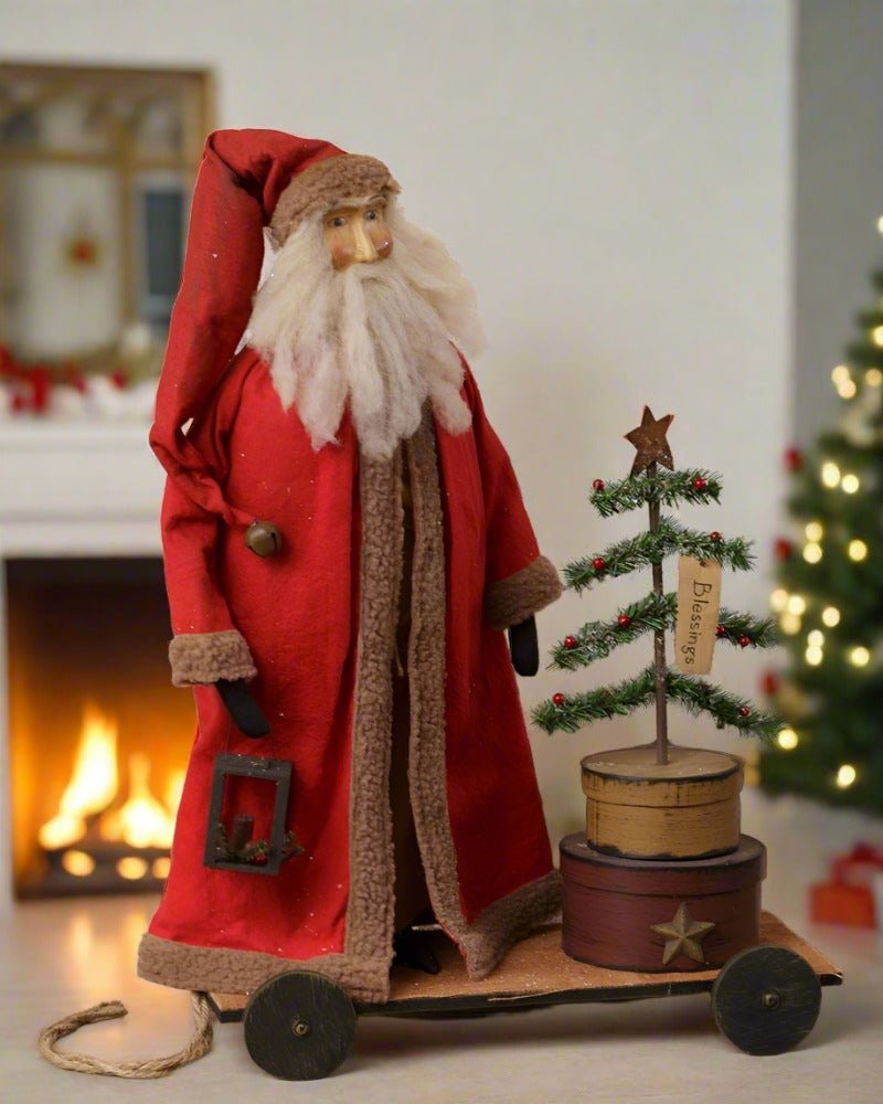 Primitive Christmas Blessings Santa w/ Feather Tree and Nesting Boxes on Cart 26" - The Primitive Pineapple Collection