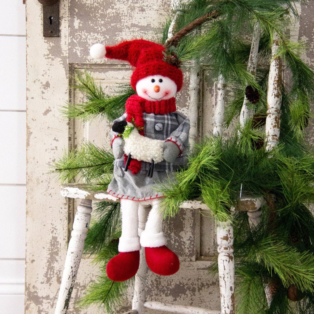 Primitive Christmas Plaid Coat Snowman w/ Sheep Doll 21&quot; - The Primitive Pineapple Collection