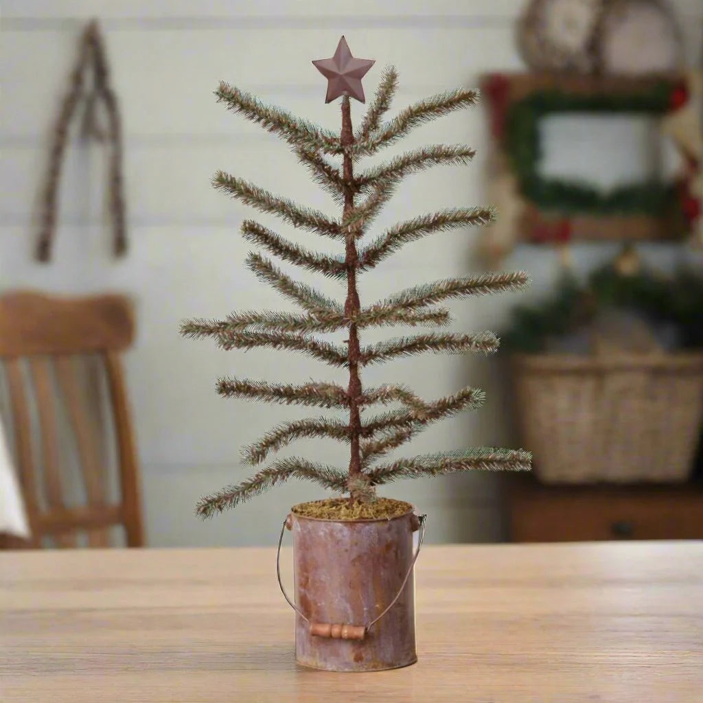 Primitive Christmas 24&quot; Antique Look Tree in Rusty Can w/ Star - The Primitive Pineapple Collection