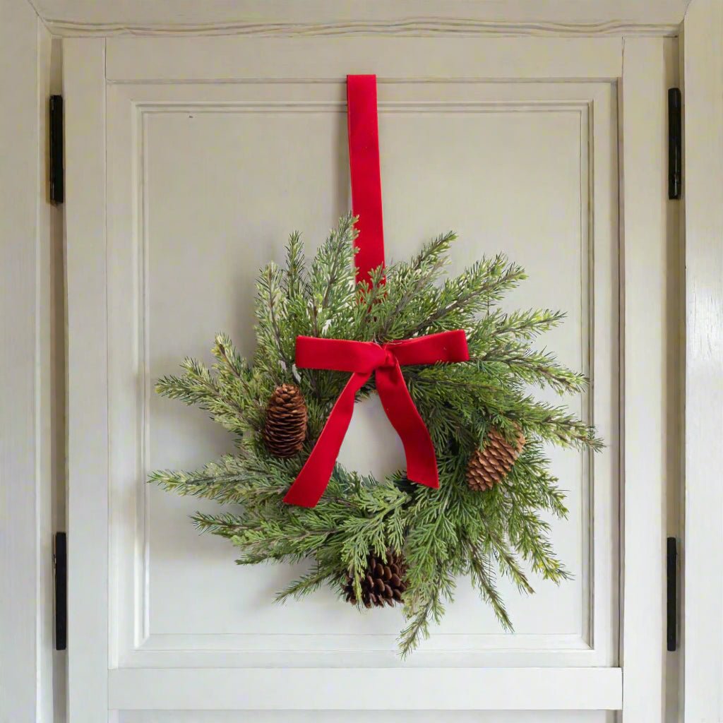 Primitive Country 13” Mini Wreath Hanger With Cones/ Red Velvet Bow - The Primitive Pineapple Collection