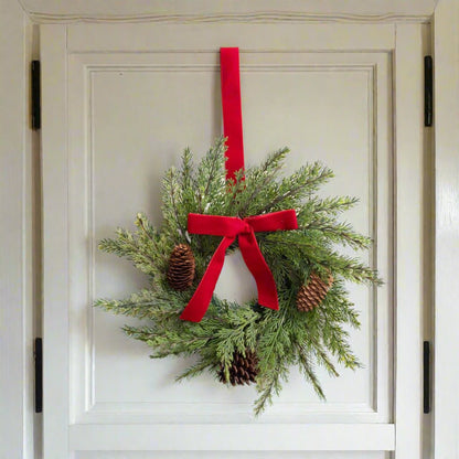 Primitive Country 13” Mini Wreath Hanger With Cones/ Red Velvet Bow - The Primitive Pineapple Collection