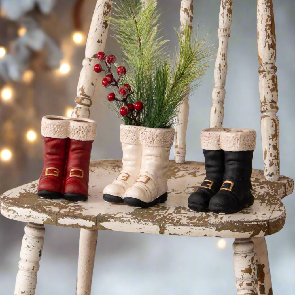 Primitive Farmhouse Christmas 4.5&quot; Ceramic Santa Boots 3 Color Choices - The Primitive Pineapple Collection