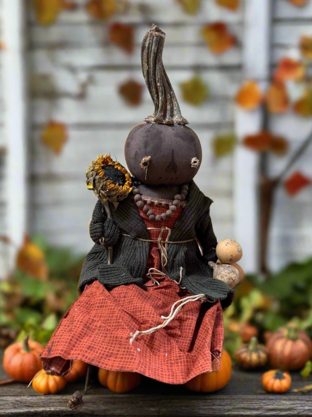 Primitive Handcrafted Pumpkin Doll Tabitha w/ Gourd 12&quot;