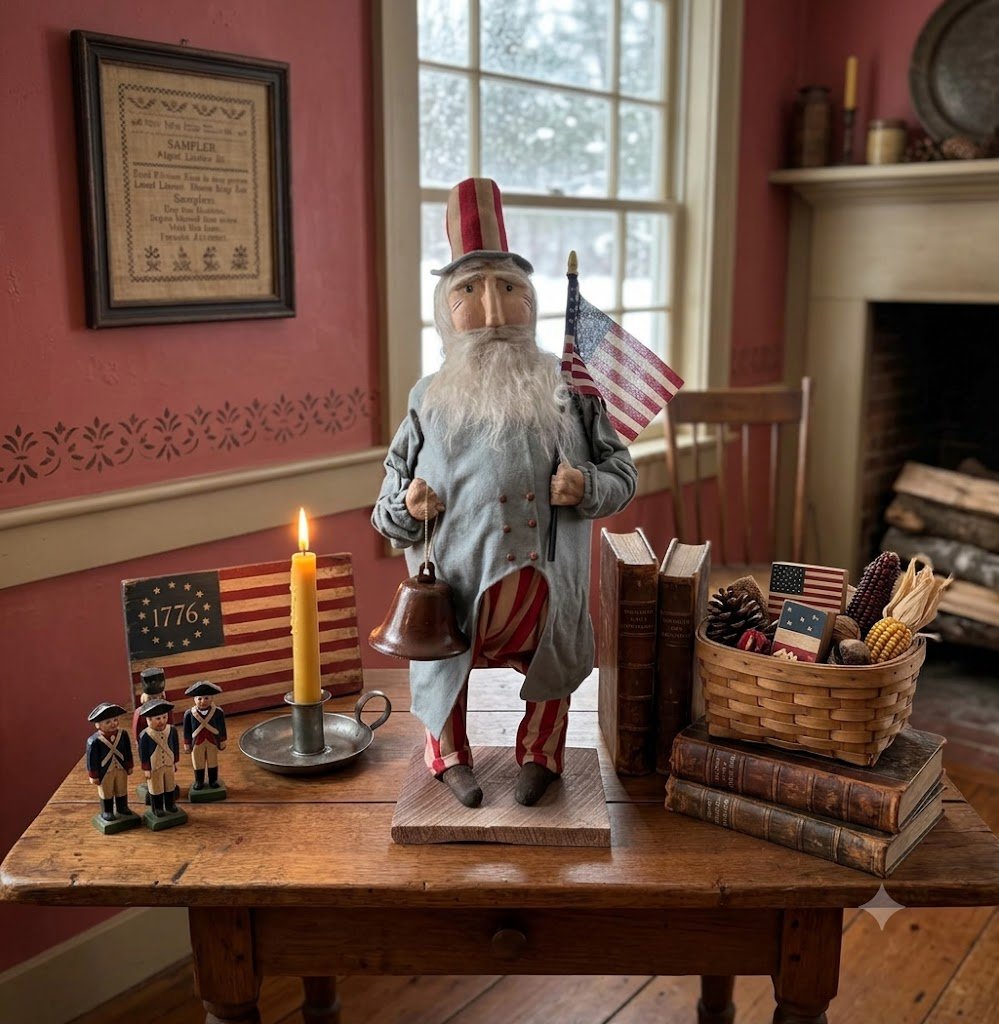 Handcrafted by Michelle Early American Hand Sculpted Clay Face Chubby Uncle Sam Santa 21" - The Primitive Pineapple Collection