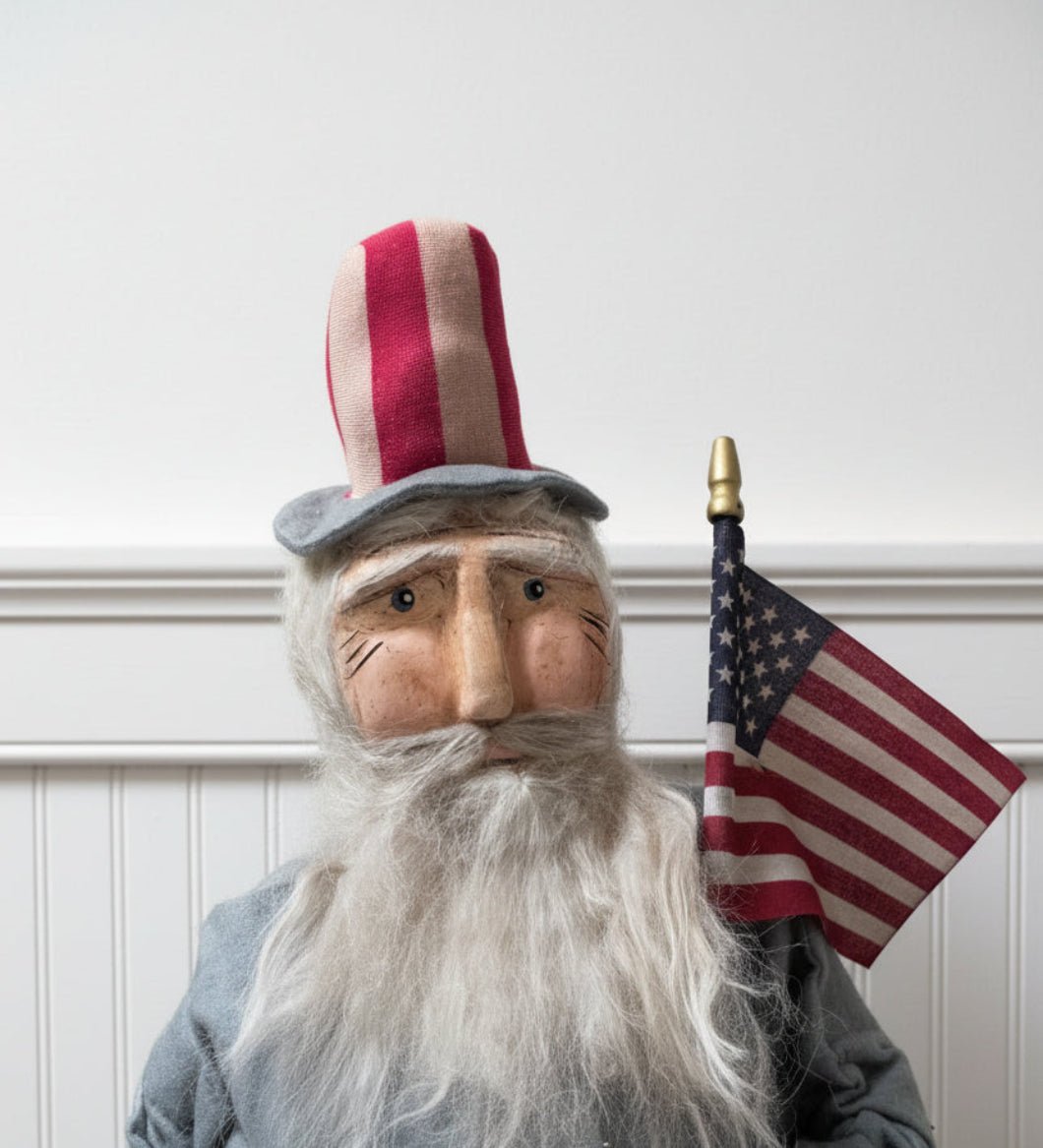 Handcrafted by Michelle Early American Hand Sculpted Clay Face Chubby Uncle Sam Santa 21" - The Primitive Pineapple Collection