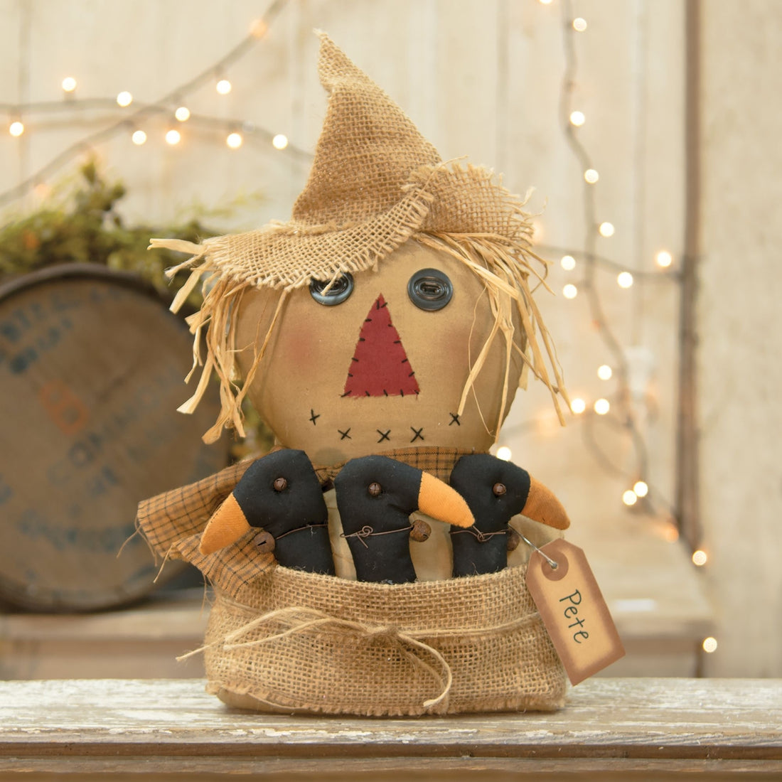 Primitive Fall Halloween Pete Scarecrow w/ Crows Doll 14&quot;