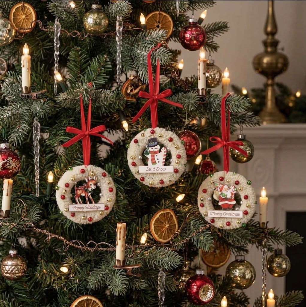 Retro Christmas 5"White Bottle Brush Wreath 3 Styles - The Primitive Pineapple Collection