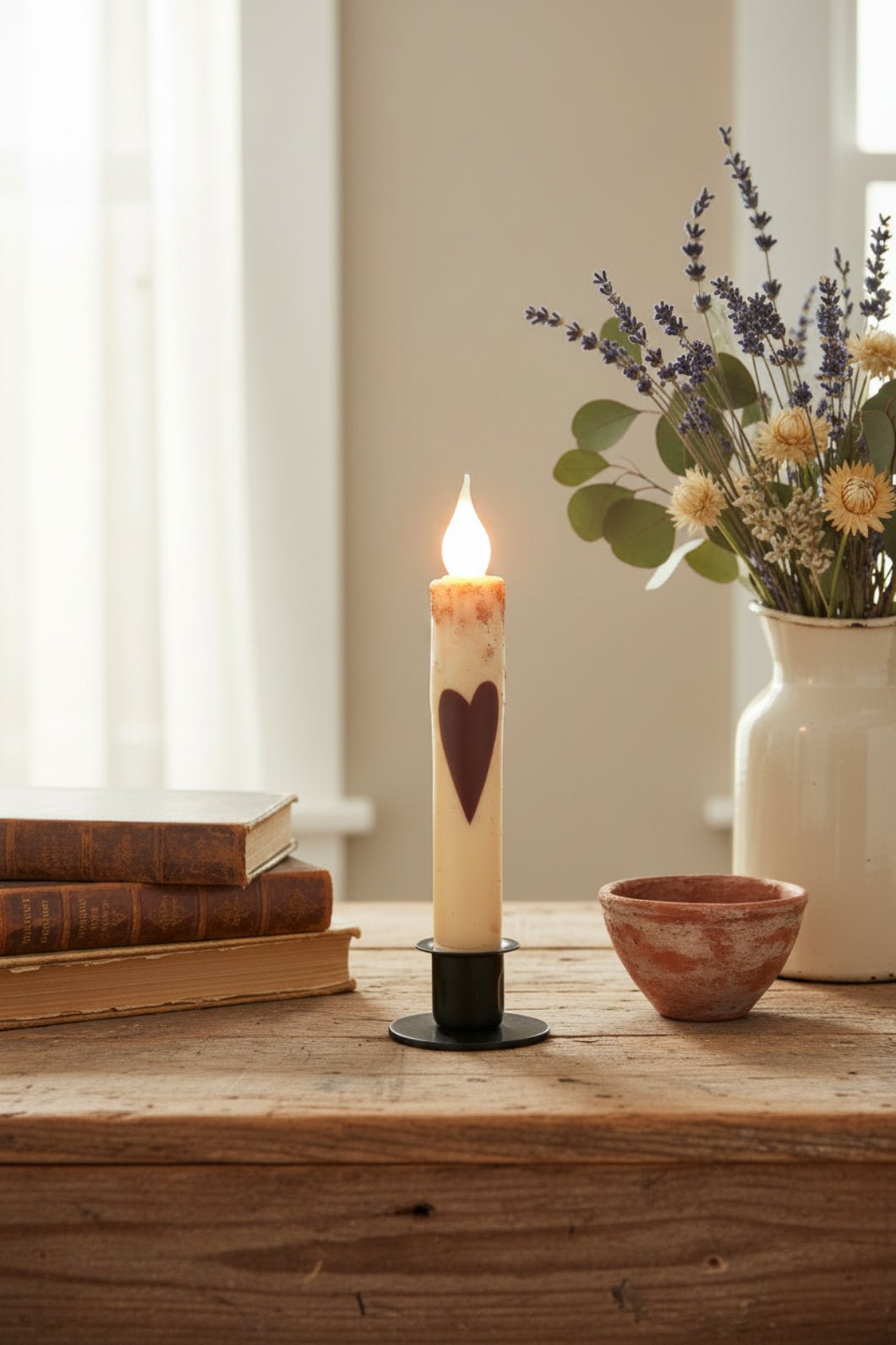 7" Primitive Heart LED Timer Taper Candle - Handcrafted USA - The Primitive Pineapple Collection