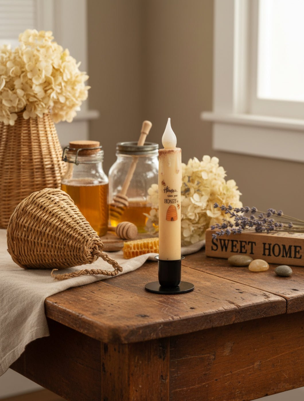 Home is Where the Honey Is LED Taper Candle - 7" Battery Operated Timer Candle - The Primitive Pineapple Collection