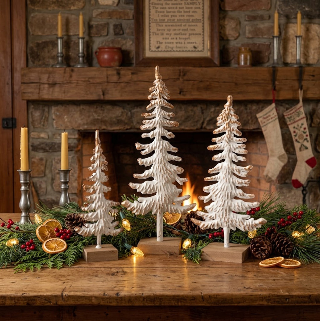 Primitive Christmas 3 pc White and Gold Metal Tree Silhouettes