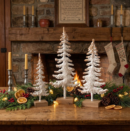 Primitive Christmas 3 pc White and Gold Metal Tree Silhouettes