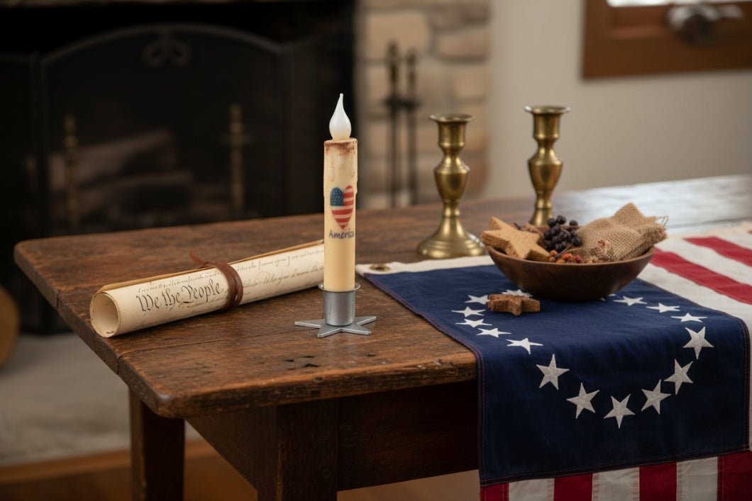 7" Americana Heart Shaped Flag LED Timer Taper Candle - Primitive Battery Operated - The Primitive Pineapple Collection
