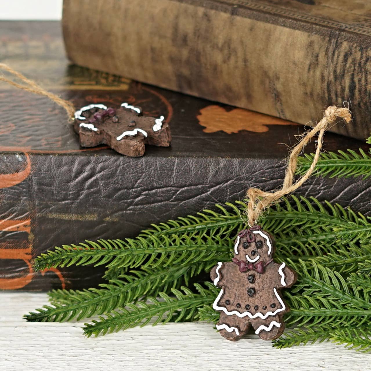 Primitive Christmas 2 pc Set of 2&quot; Chocolate Gingerbread Kids Ornament - The Primitive Pineapple Collection