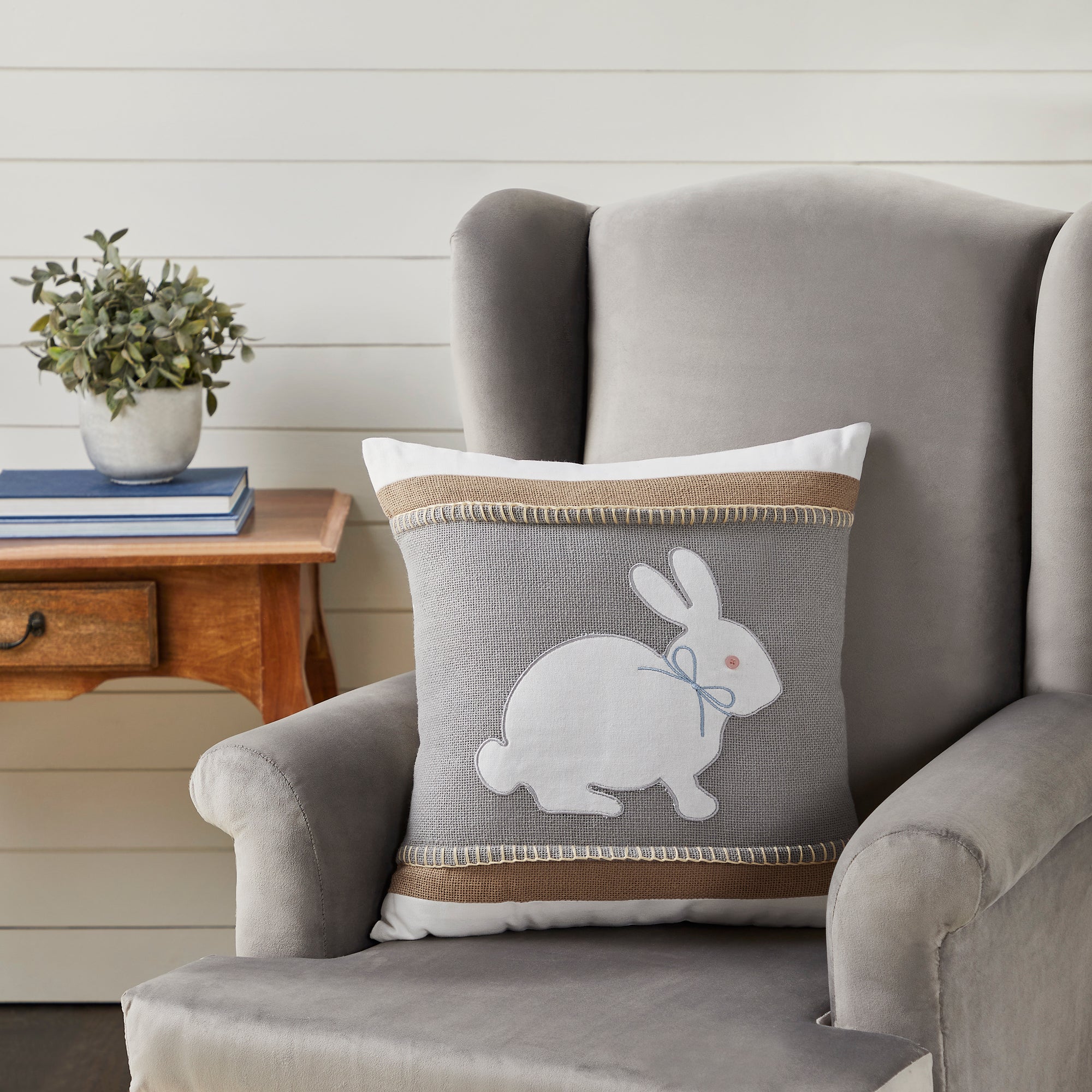 Primitive Spring Easter Burlap Applique Bunny Pillow 18x18