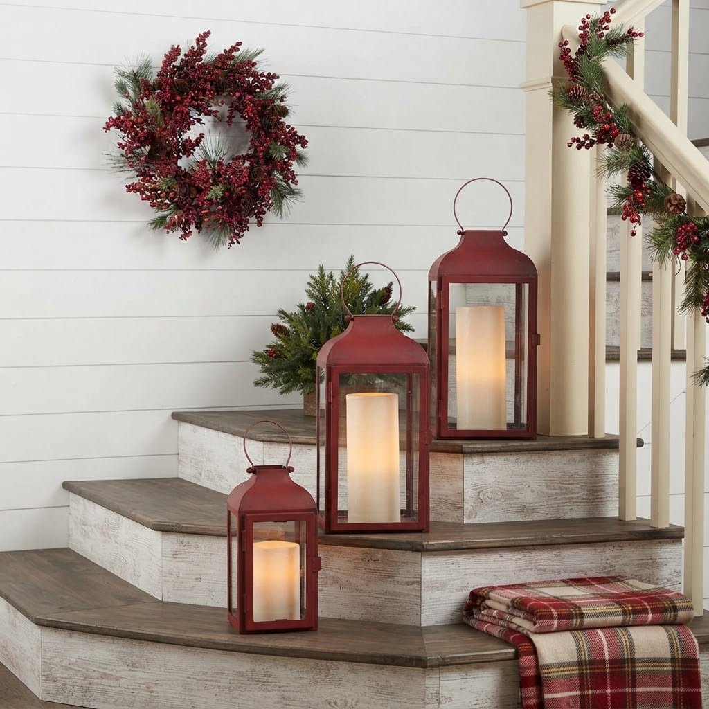 Rustic Red Metal &amp; Glass Lanterns, Set of 3, 10–16" - The Primitive Pineapple Collection
