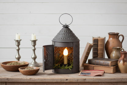 Primitive Colonial Electric Black 15 "Fireside Lantern Punched Tin - The Primitive Pineapple Collection