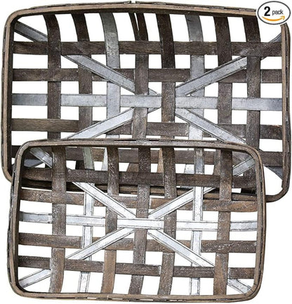 Vintage Rustic Farmhouse Gray Wash Rectangle Tobacco Baskets w/Metal Strips - The Primitive Pineapple Collection