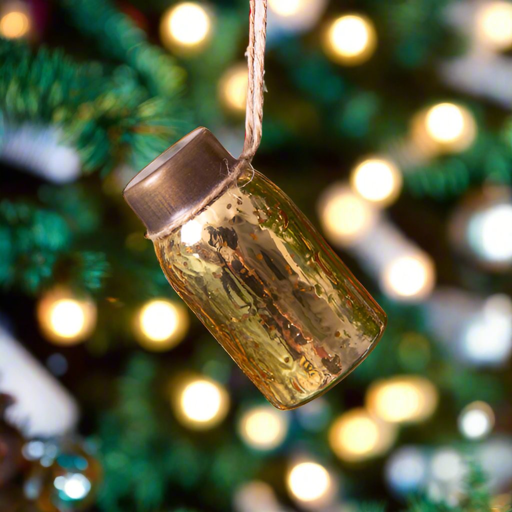 Primitive Country Gold Mercury Glass Mini Mason Jar Hanging Christmas Ornament