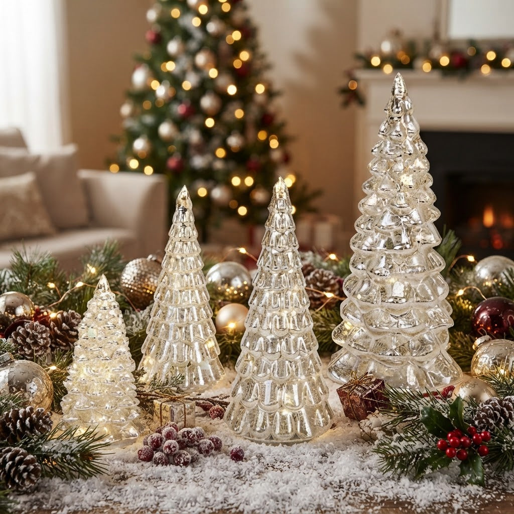 Vintage-Style Silver Glass LED Christmas Trees, Set of 4
