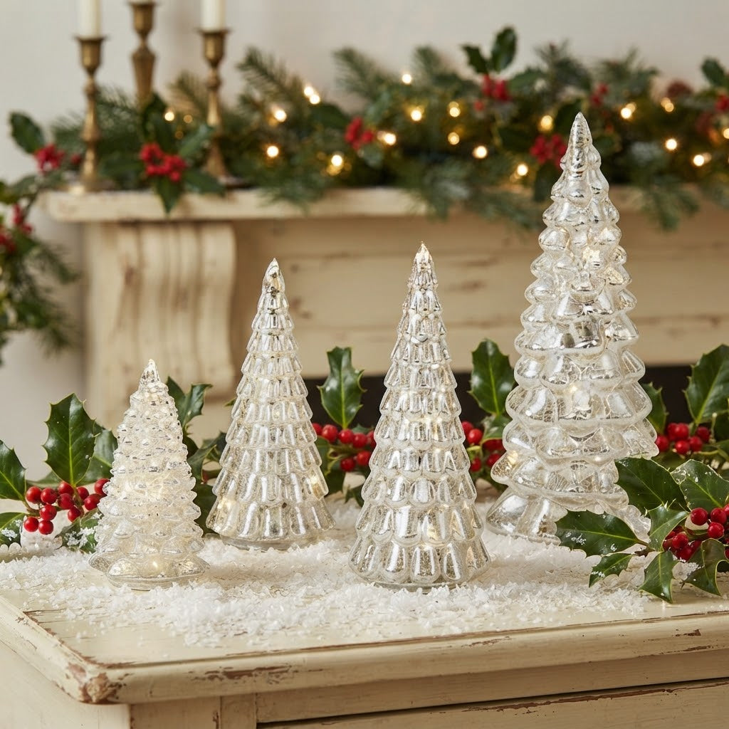 Vintage-Style Silver Glass LED Christmas Trees, Set of 4