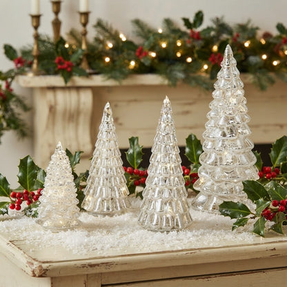 Vintage-Style Silver Glass LED Christmas Trees, Set of 4