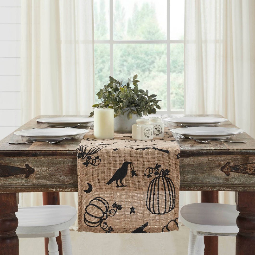 Primitive Fall Halloween Raven Harvest Burlap Jute Runner 12&quot; x 36&quot; - The Primitive Pineapple Collection