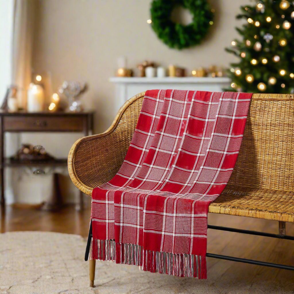 Primitive Christmas Eston Red White Plaid Woven Throw 50x60 - The Primitive Pineapple Collection