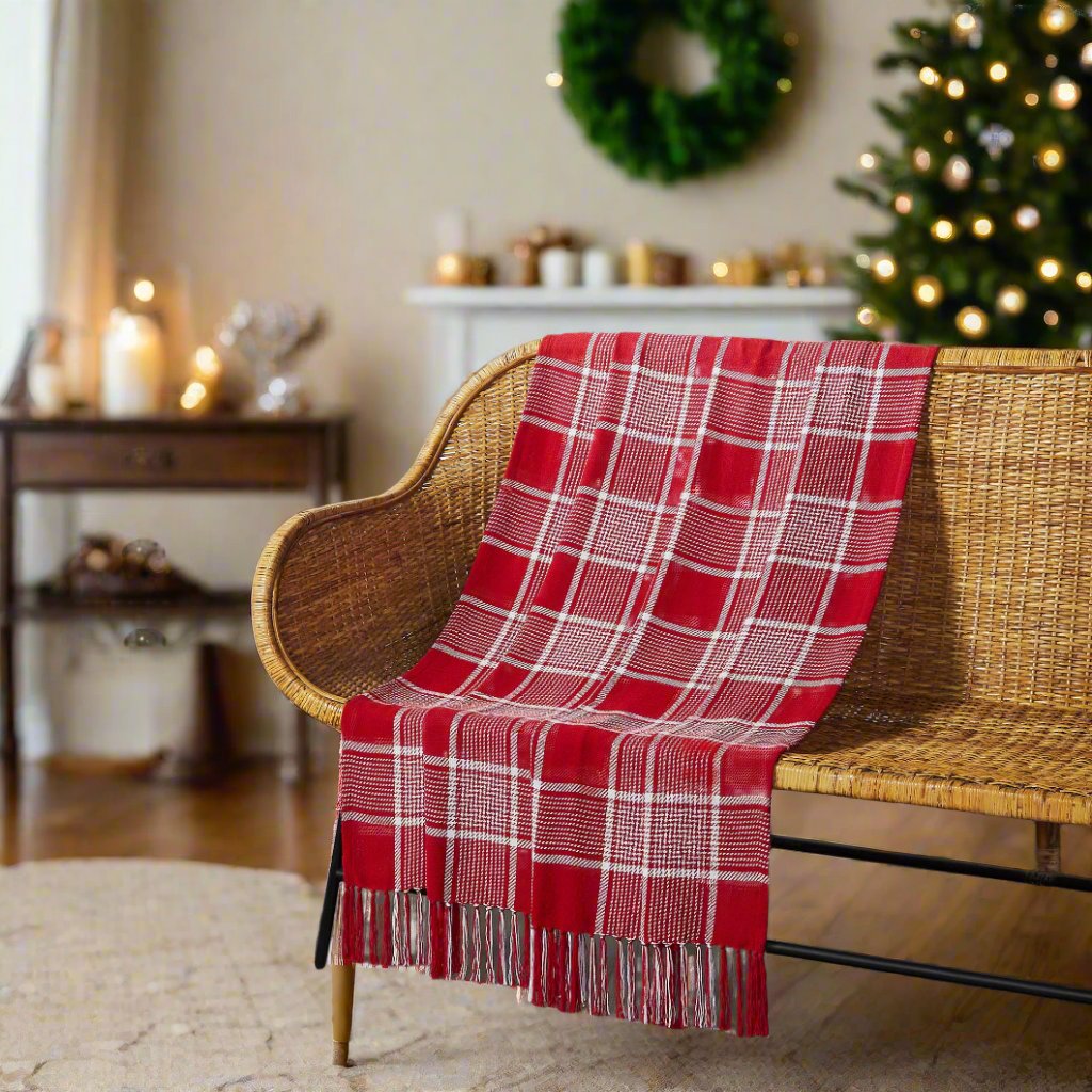 Primitive Christmas Eston Red White Plaid Woven Throw 50x60