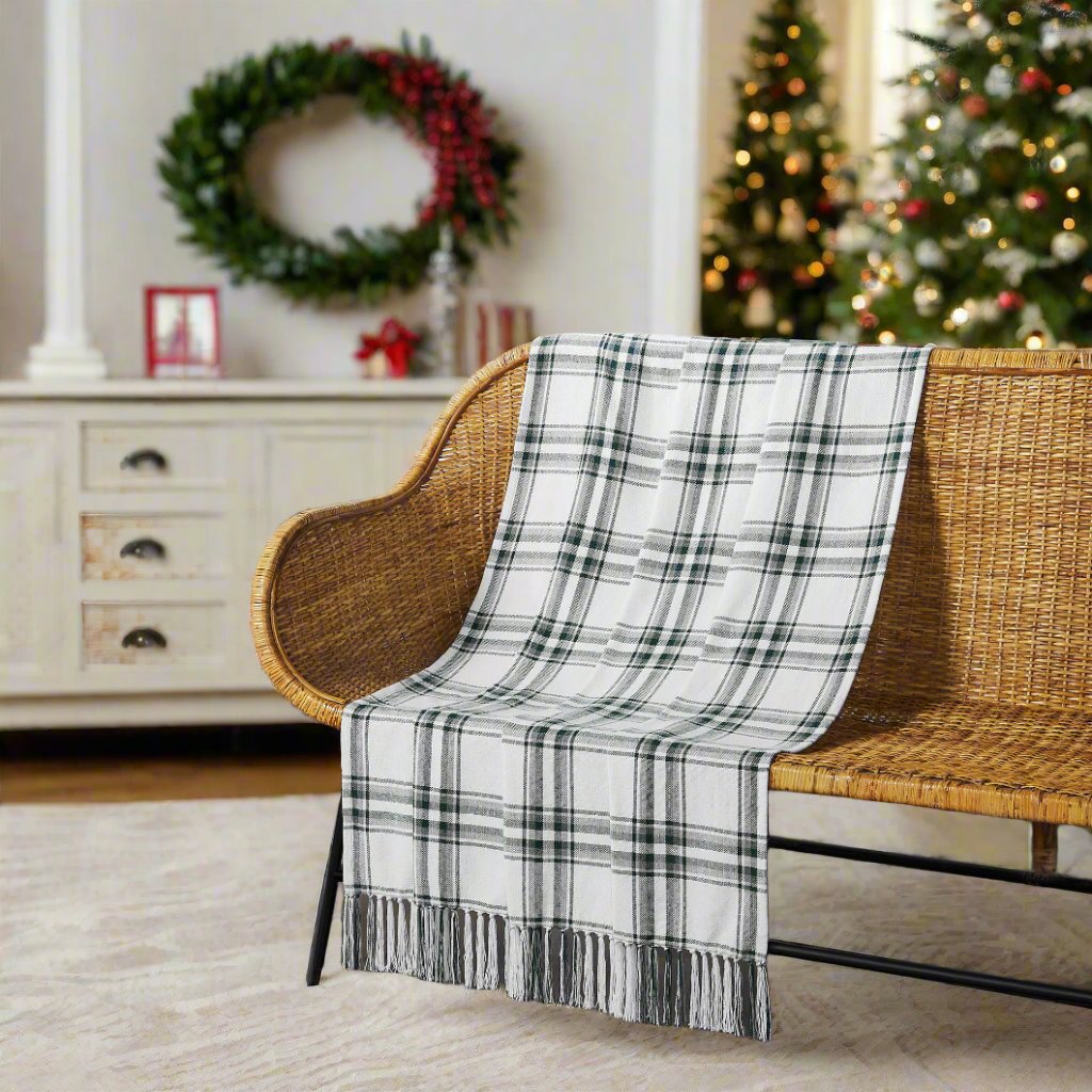 Primitive Christmas Harper Plaid Green White Woven Throw 50x60