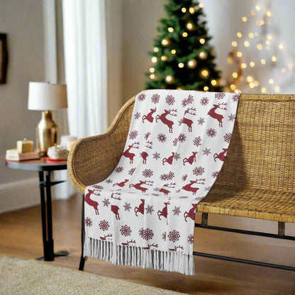 Primitive Christmas Scandia Snowflake Red White Woven Throw 50x60