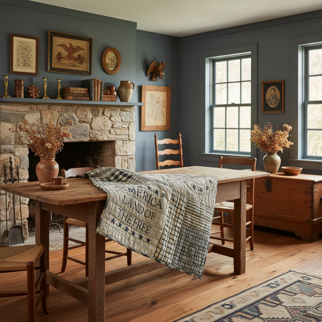 Primitive Farmhouse Patriotic My Country Quilted Lap Throw 32Wx32L - The Primitive Pineapple Collection