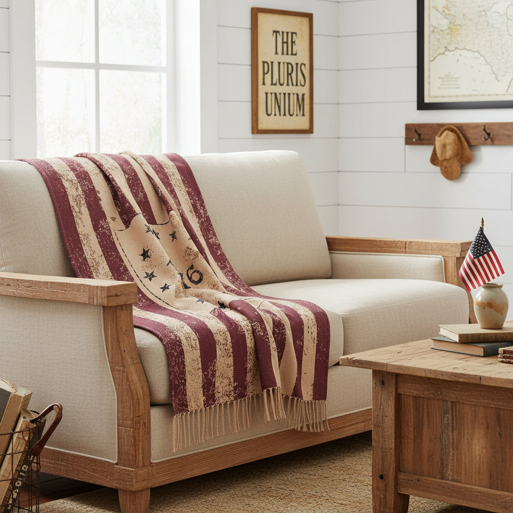 Primitive Farmhouse Patriotic My Country 1776 Woven Throw 50x60 - The Primitive Pineapple Collection