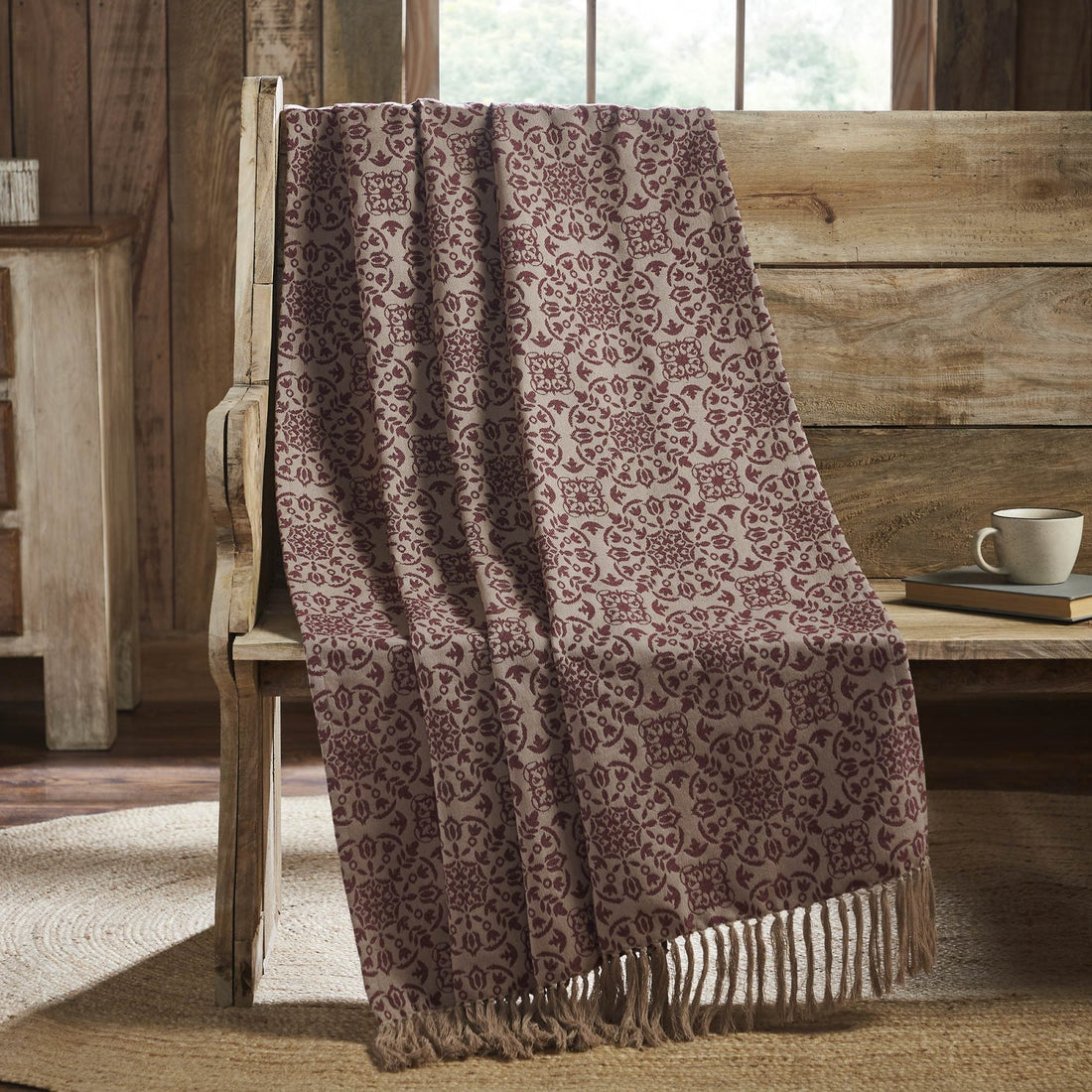 Primitive Farmhouse Custom House Burgundy Tan Jacquard Woven Throw 50x60 - The Primitive Pineapple Collection