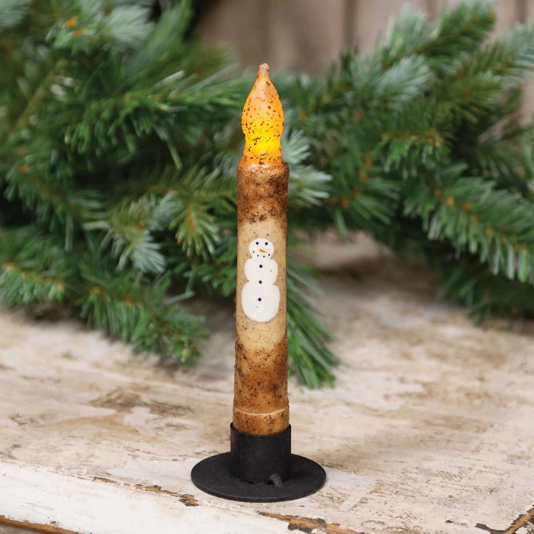 Primitive Christmas 6.5” Grungy Smiling Snowman Timer Taper - The Primitive Pineapple Collection
