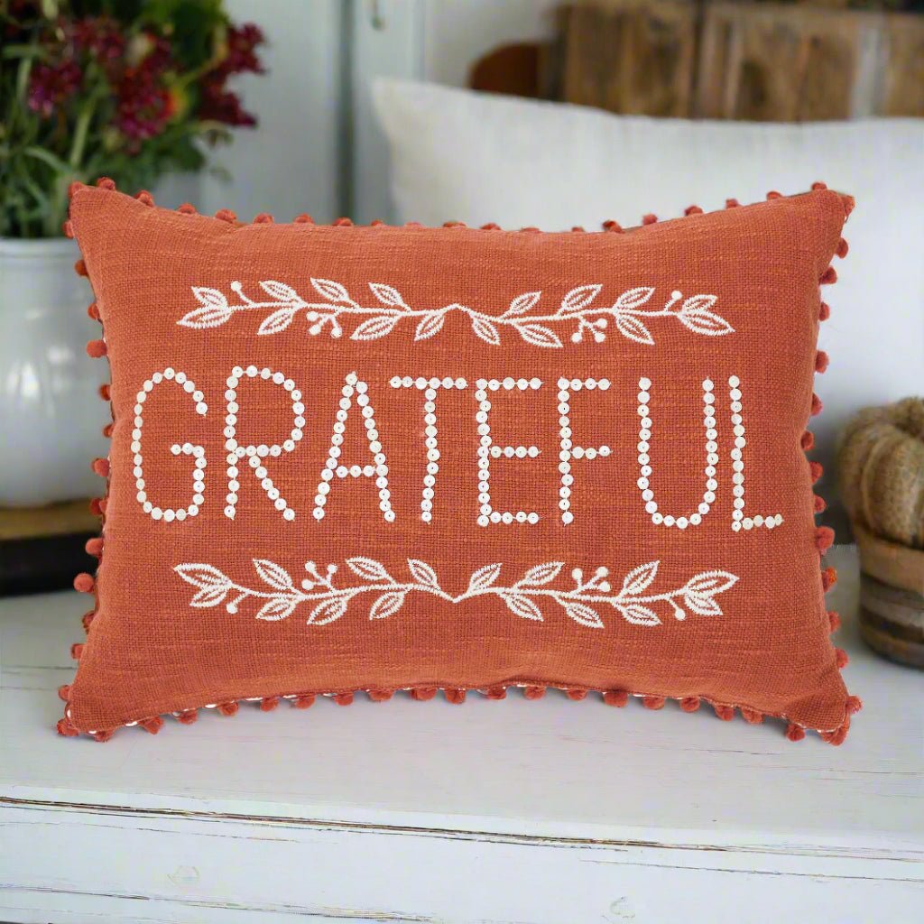Primitive Fall Vintage Look Grateful Pom Pom Pillow 14x20 - The Primitive Pineapple Collection