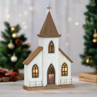 Primitive Rustic Christmas 17.75” White Wood Church Lights up Electric