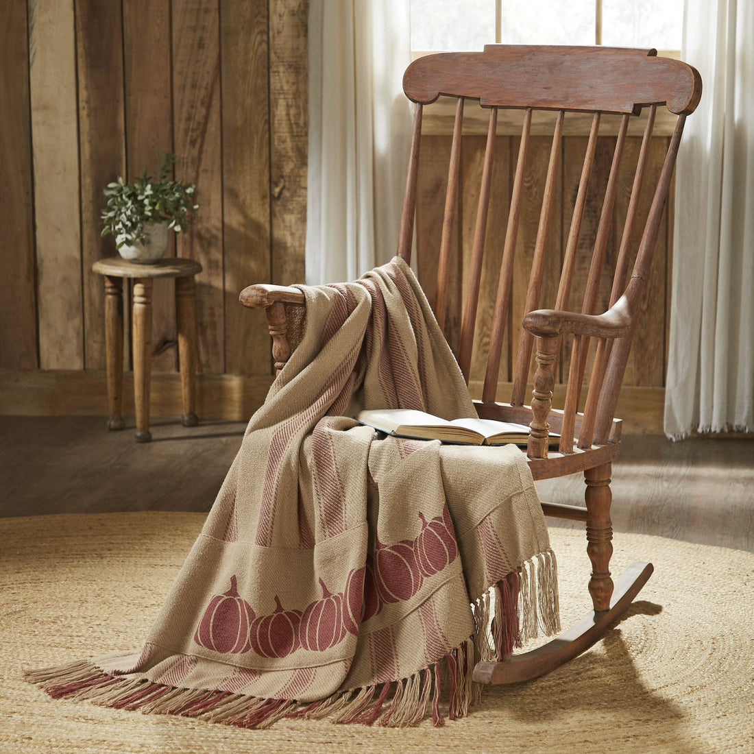 Primitive Fall Harvest Blessings Pumpkin Patch Ticking Stripe Woven Throw 50x60 - The Primitive Pineapple Collection