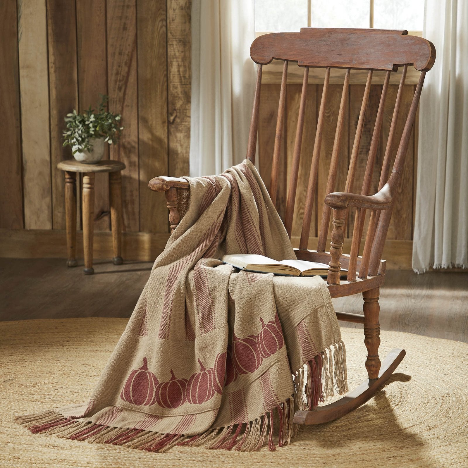 Primitive Fall Harvest Blessings Pumpkin Patch Ticking Stripe Woven Throw 50x60 - The Primitive Pineapple Collection